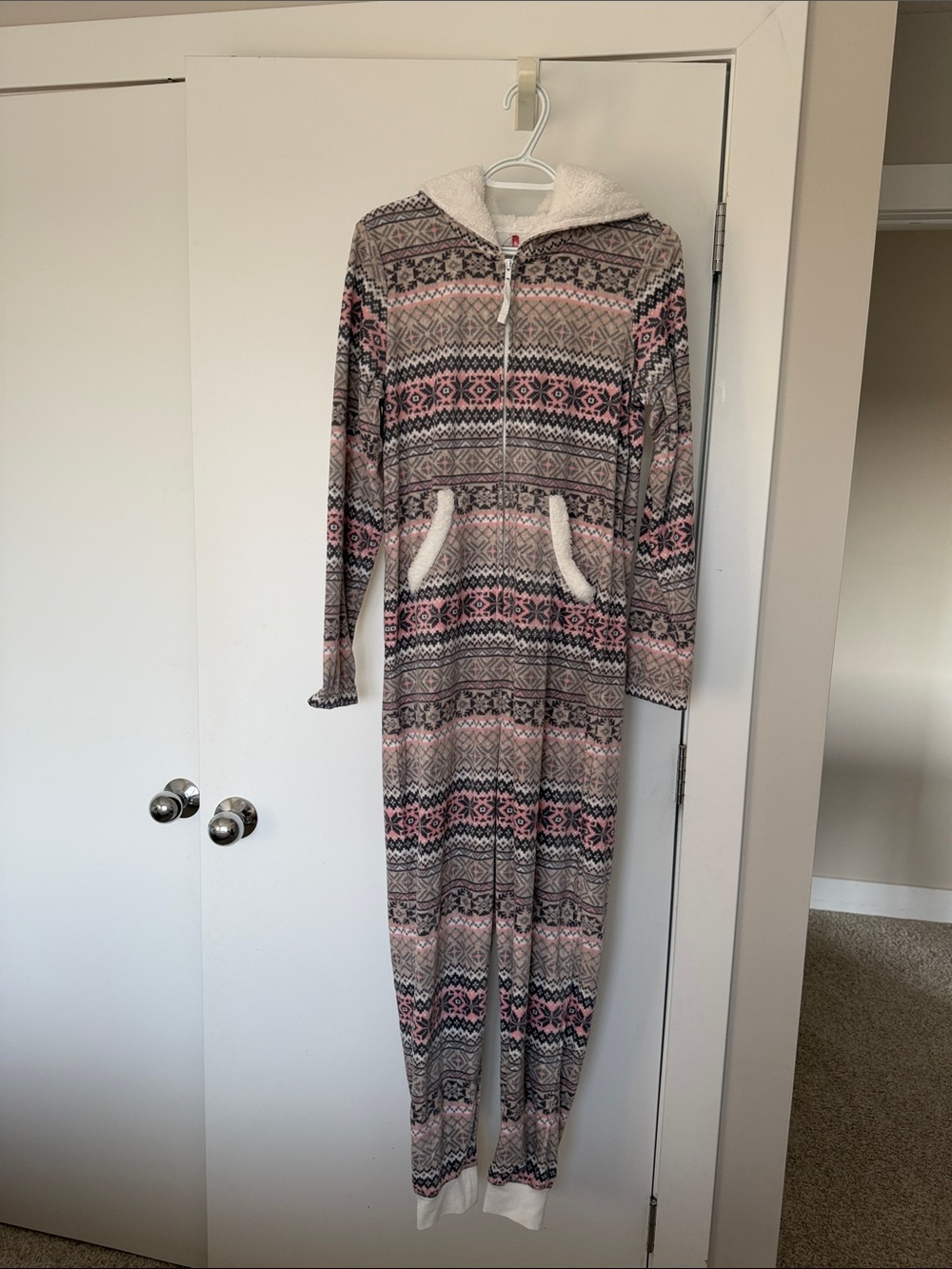 Francesca's Collections Hooded Fair Isle Sleep Onesie in Pink & Gray